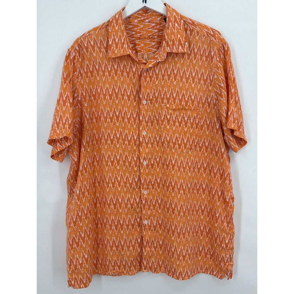 Tasso Elba Orange White Ikat Chevron 100% Linen Short Sleeve Button Shirt XL